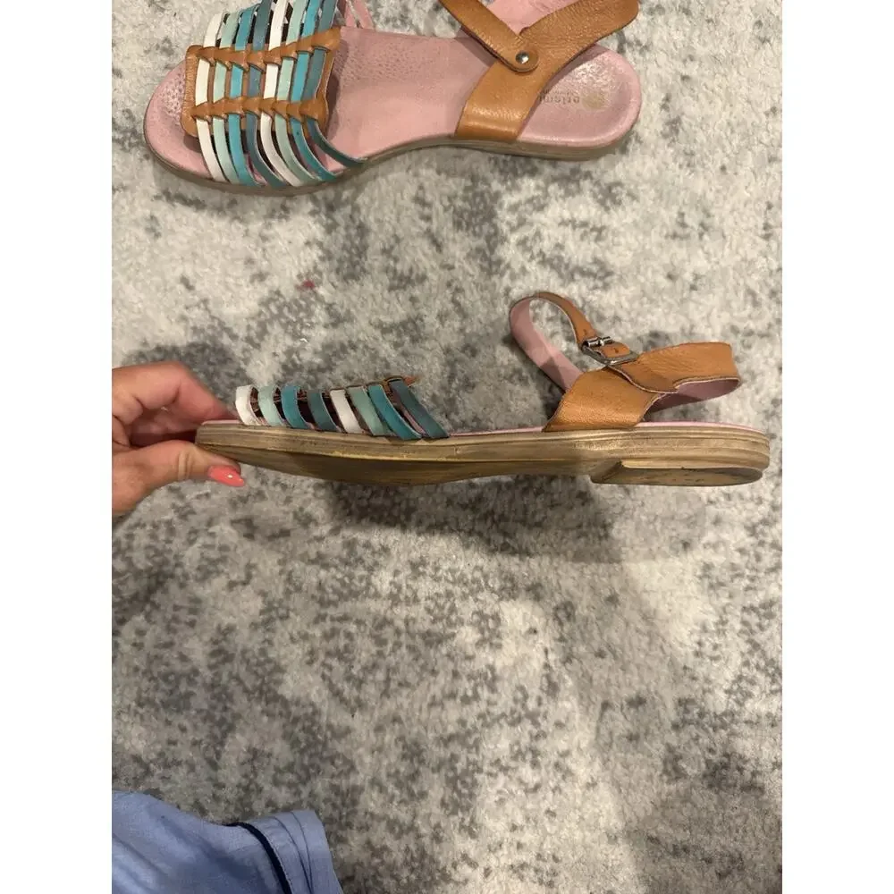 Eric michael Leather Woven Sandles Brown White Aqua And Pink Size 41